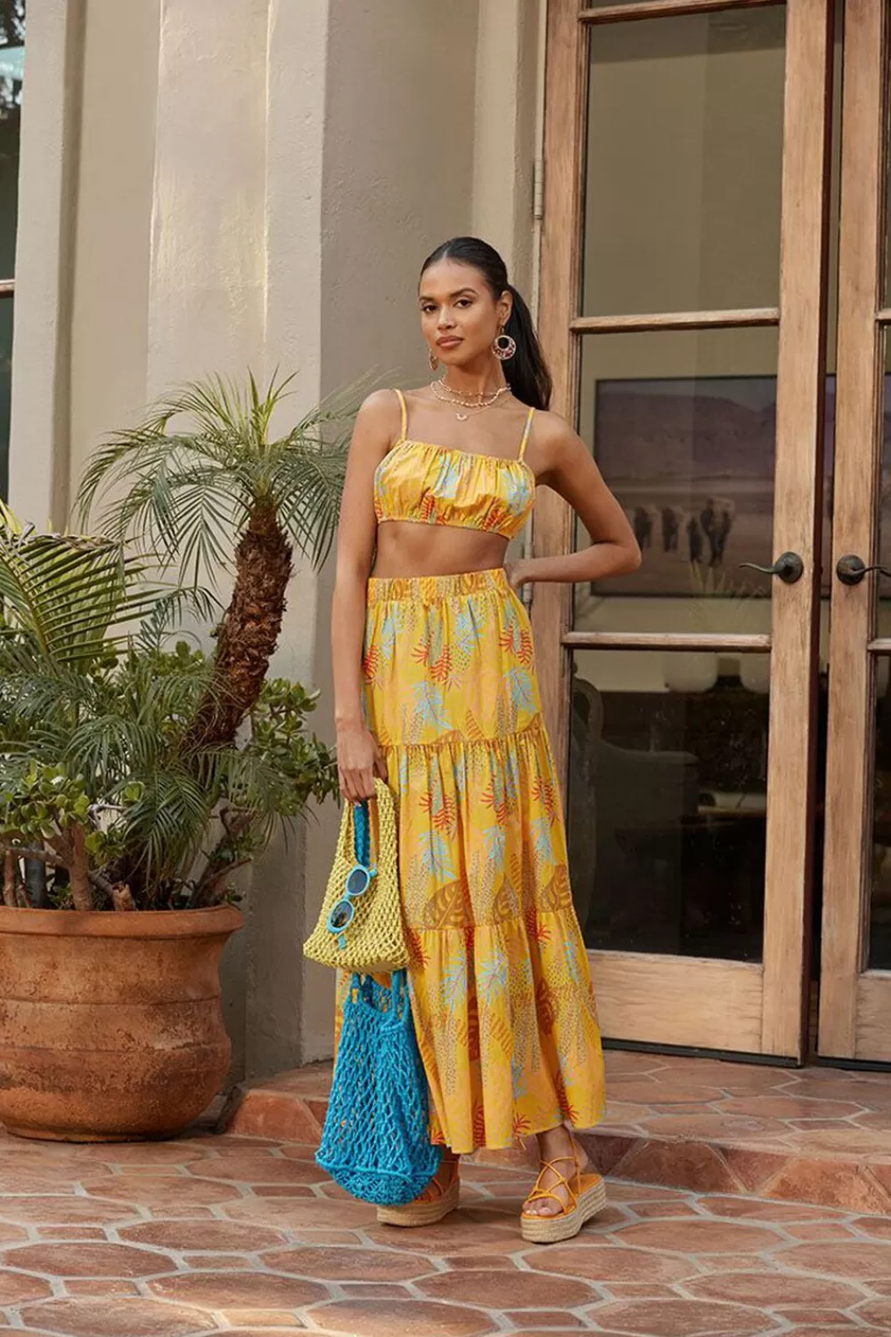 Matching Sets>Forever 21 Tropical Print Tiered Maxi Skirt Yellow/Multi