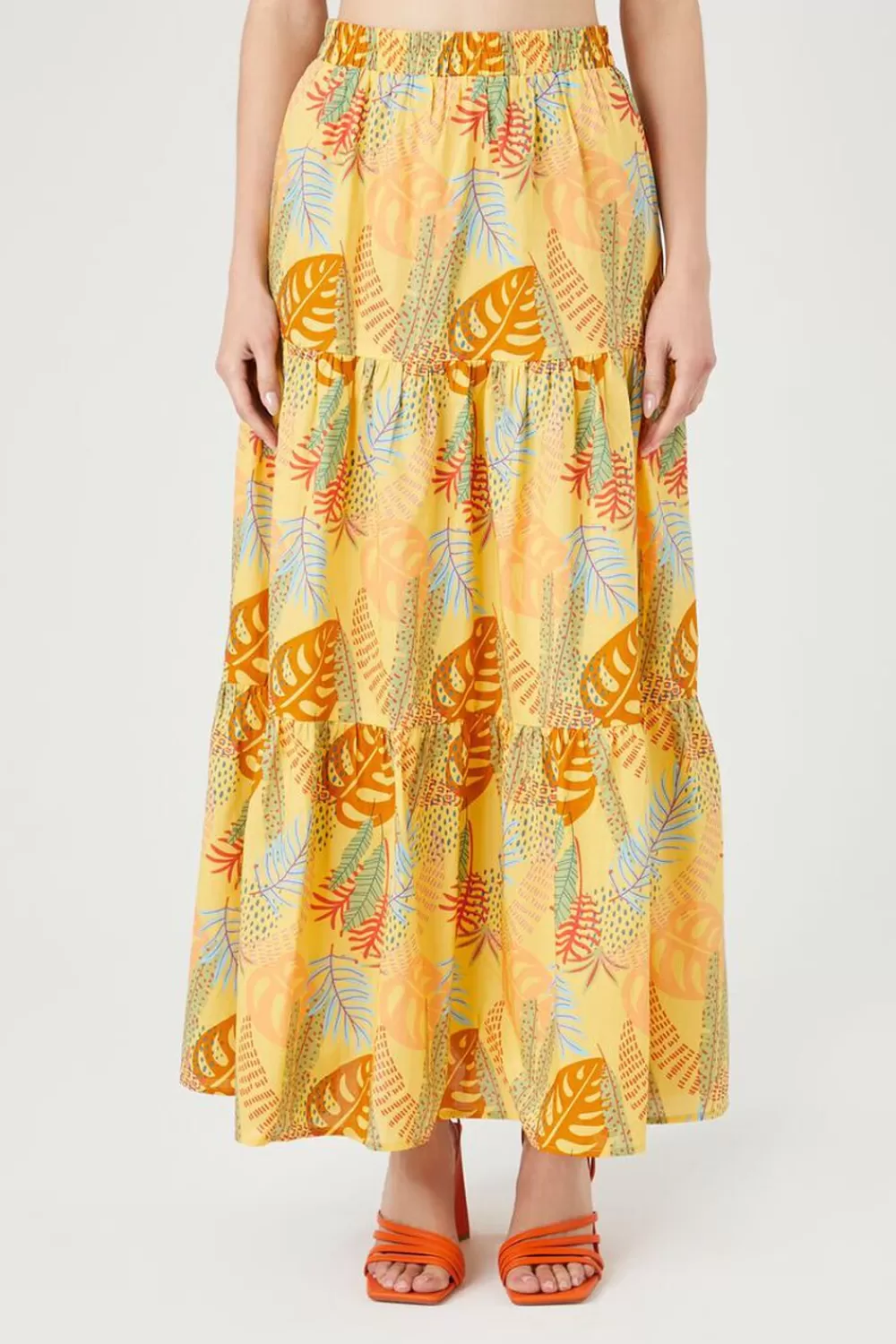Matching Sets>Forever 21 Tropical Print Tiered Maxi Skirt Yellow/Multi