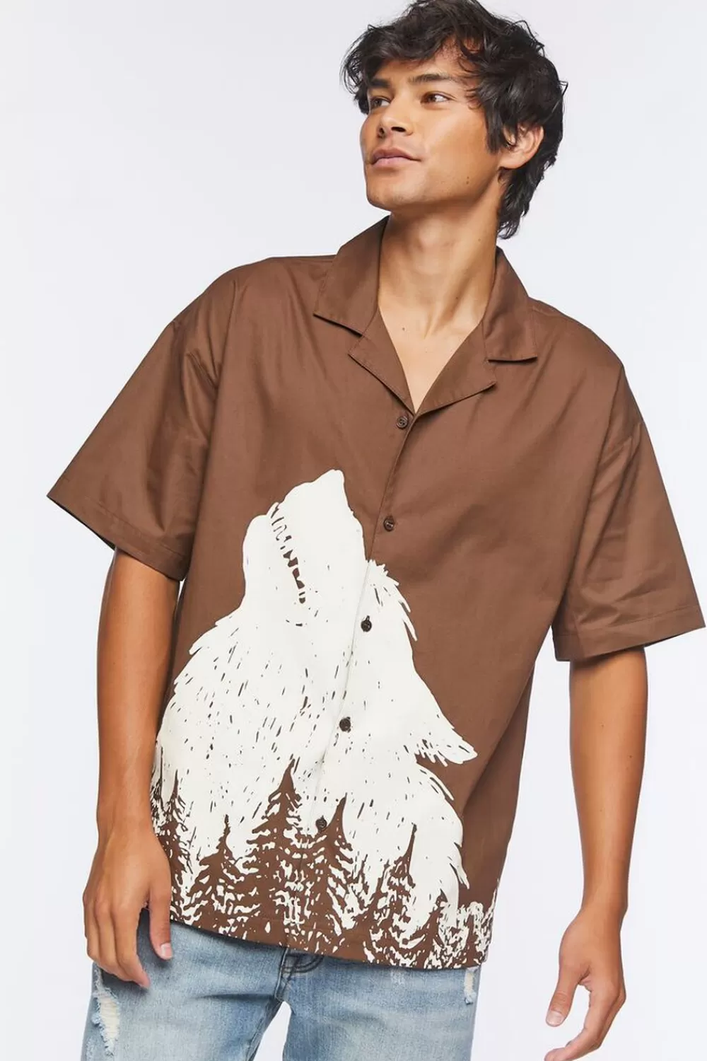 Tops>Forever 21 Twill Wolf Graphic Button-Front Shirt Brown/Cream