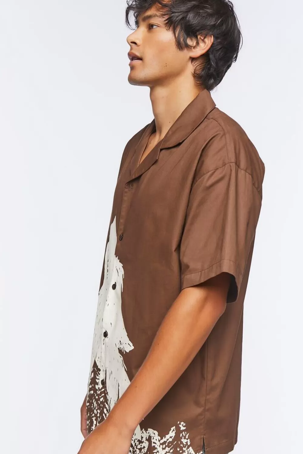 Tops>Forever 21 Twill Wolf Graphic Button-Front Shirt Brown/Cream