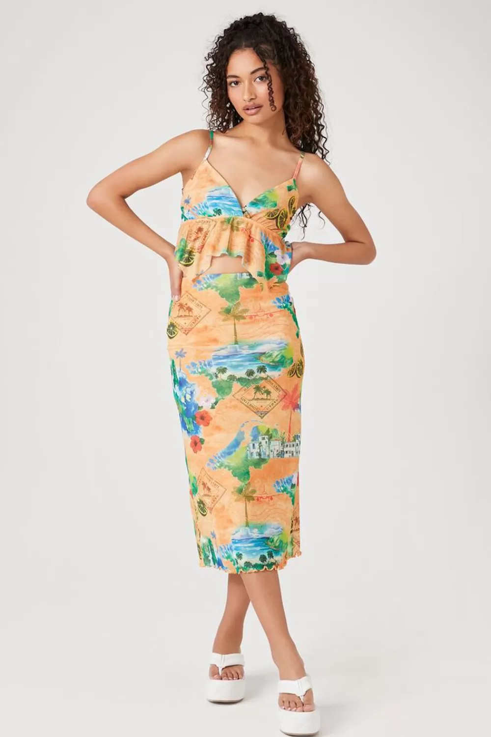 Matching Sets>Forever 21 Vacation Postcard Midi Skirt Gold/Multi