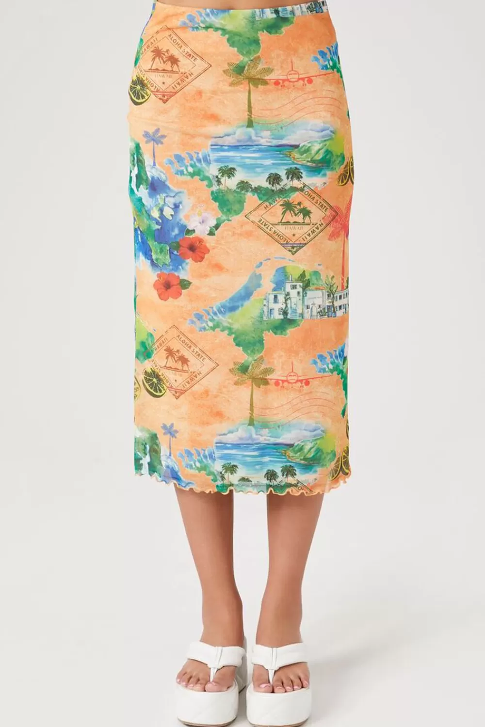Matching Sets>Forever 21 Vacation Postcard Midi Skirt Gold/Multi