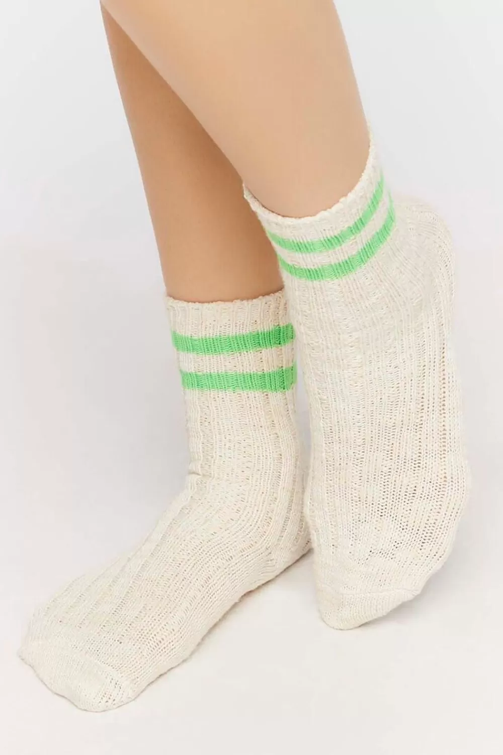 Socks + Tights>Forever 21 Varsity-Striped Crew Socks Cream/Green