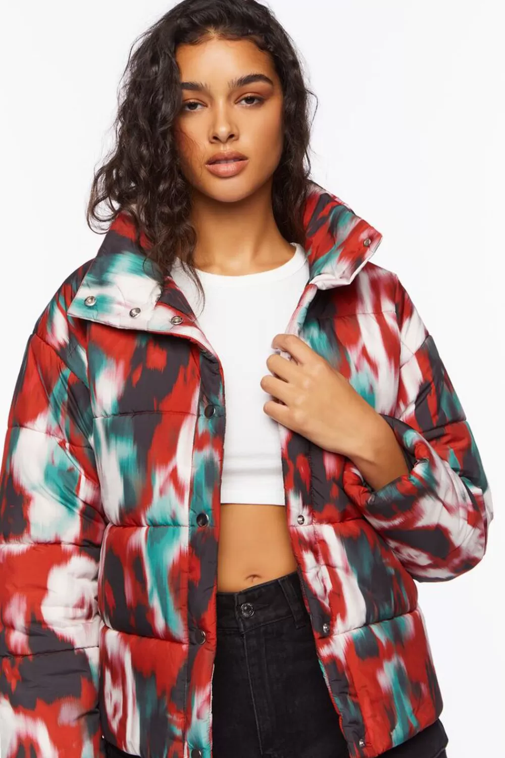 Jackets + Outerwear>Forever 21 Watercolor Print Puffer Jacket Red/Multi