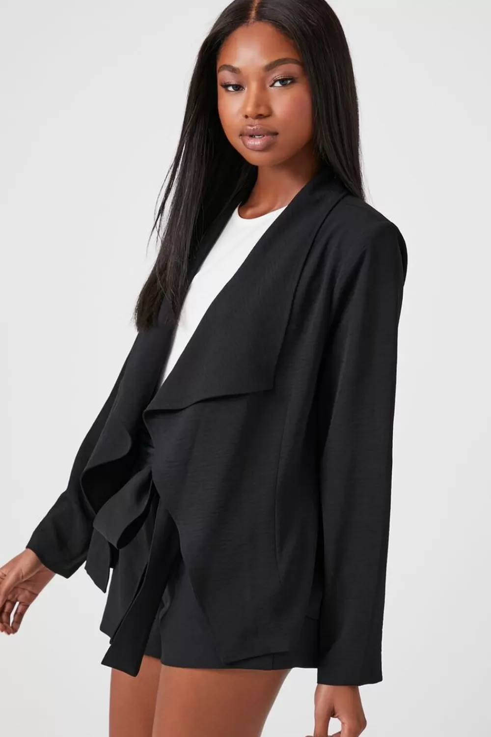 Jackets + Outerwear>Forever 21 Waterfall Open-Front Blazer Black
