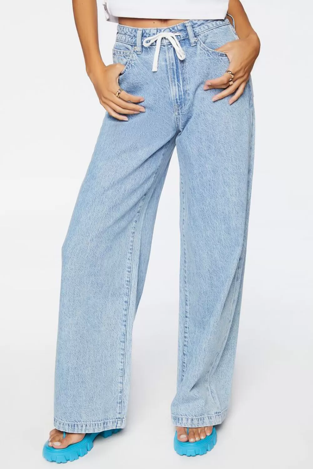 Bottoms>Forever 21 Wide-Leg Drawstring Jeans Light Denim