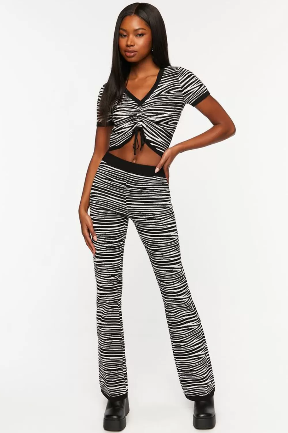 Matching Sets>Forever 21 Zebra Print Flare Pants Black/White