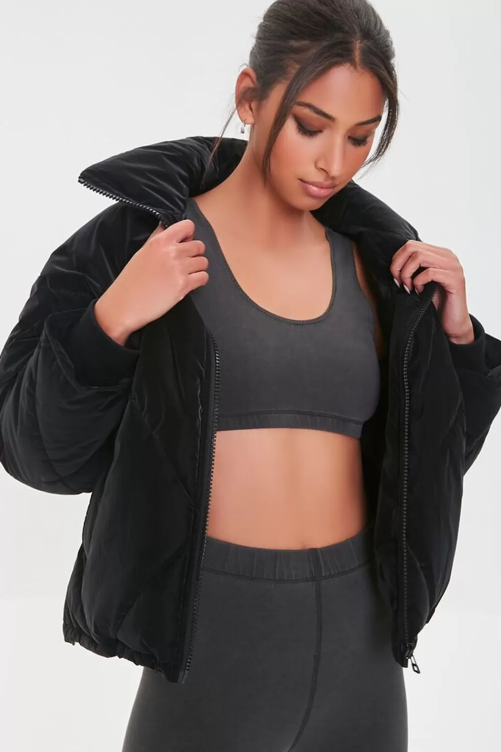 Jackets + Outerwear>Forever 21 Zip-Up Puffer Jacket Black