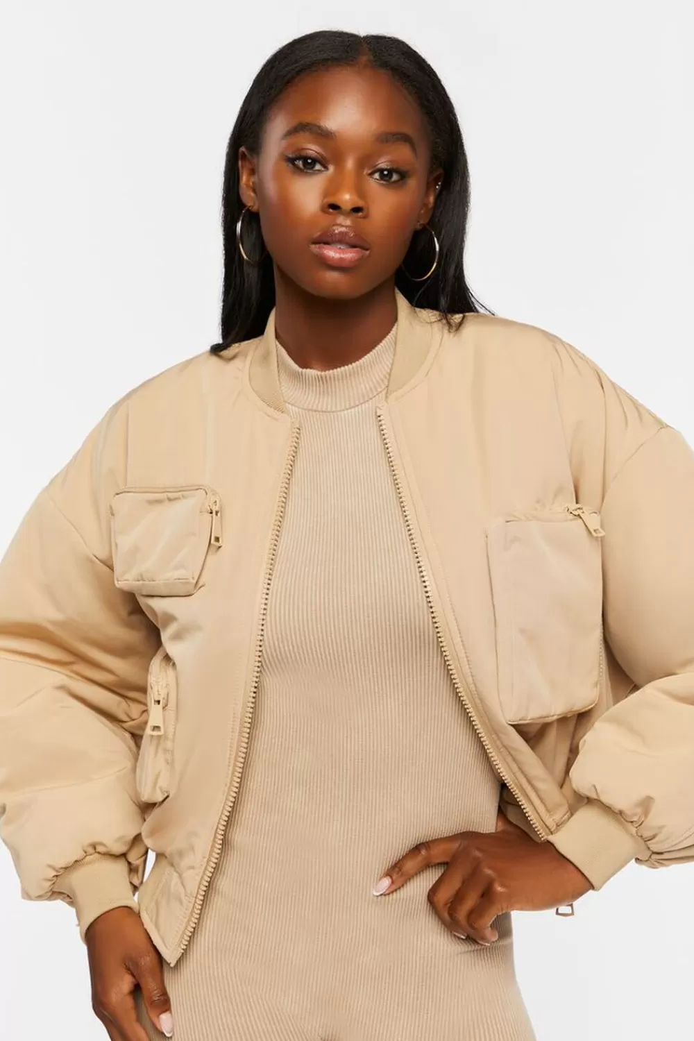 Jackets + Outerwear>Forever 21 Zip-Up Utility Bomber Jacket Khaki